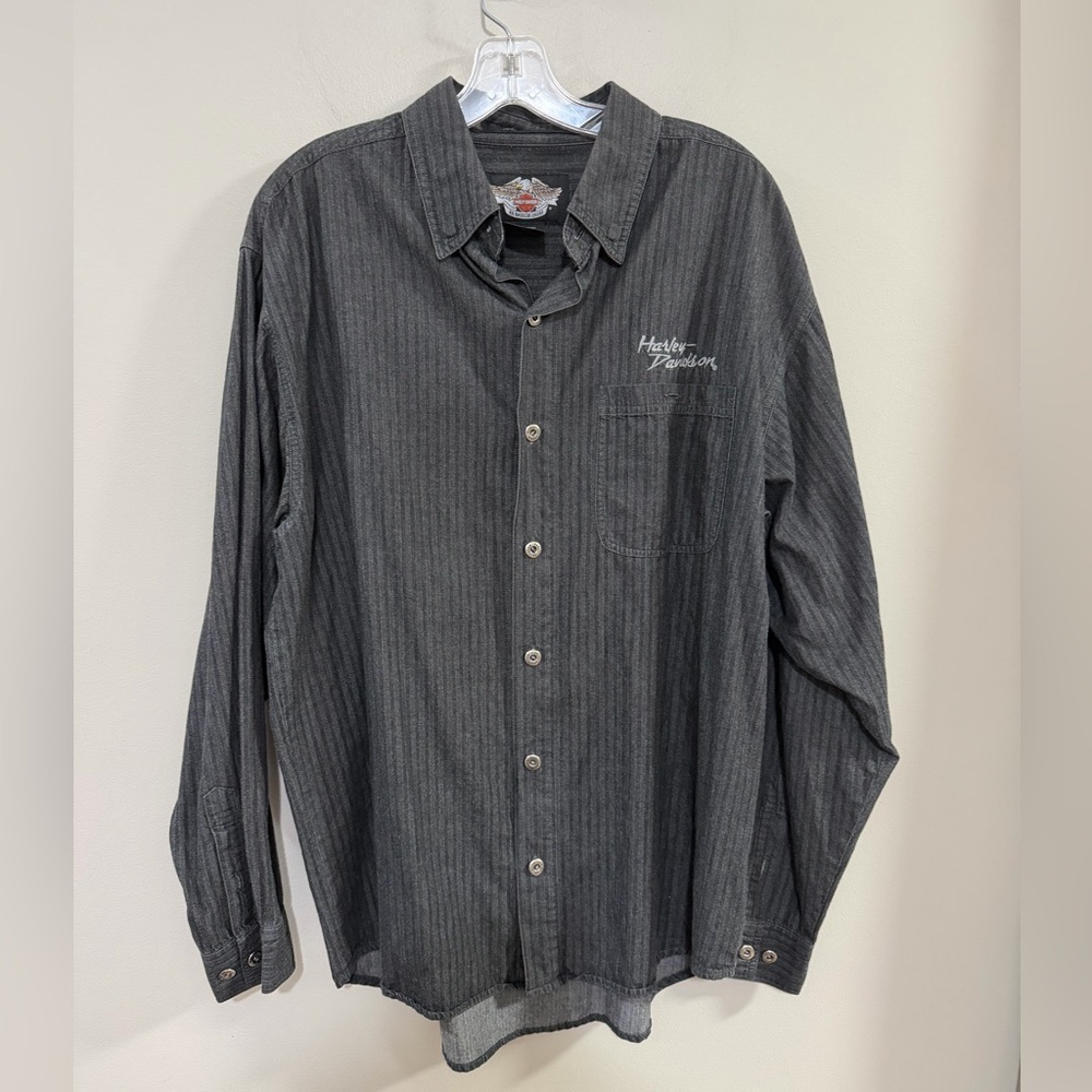 Harley-Davidson Men's Charcoal Striped Button Down Shirt. Size L